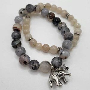 Agate Stretch Bracelet Set with Lucky Elephant Charm: